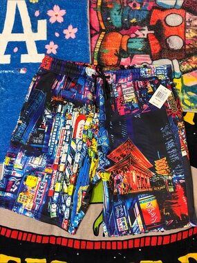 Tokyo Neon Cityscape Athletic Shorts - Blue, Red, Yellow, Black